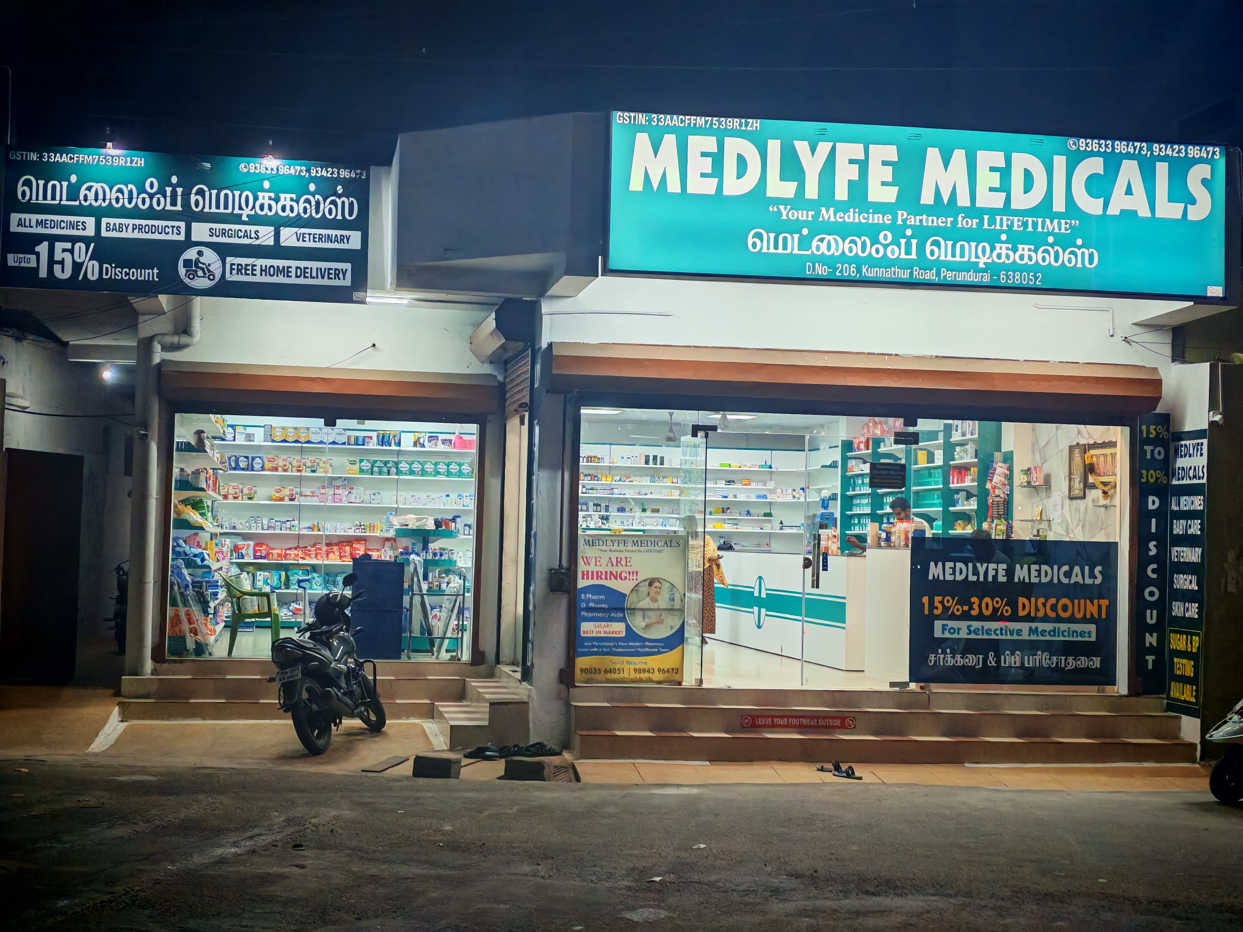 Medlyfe Medicals storefront at night