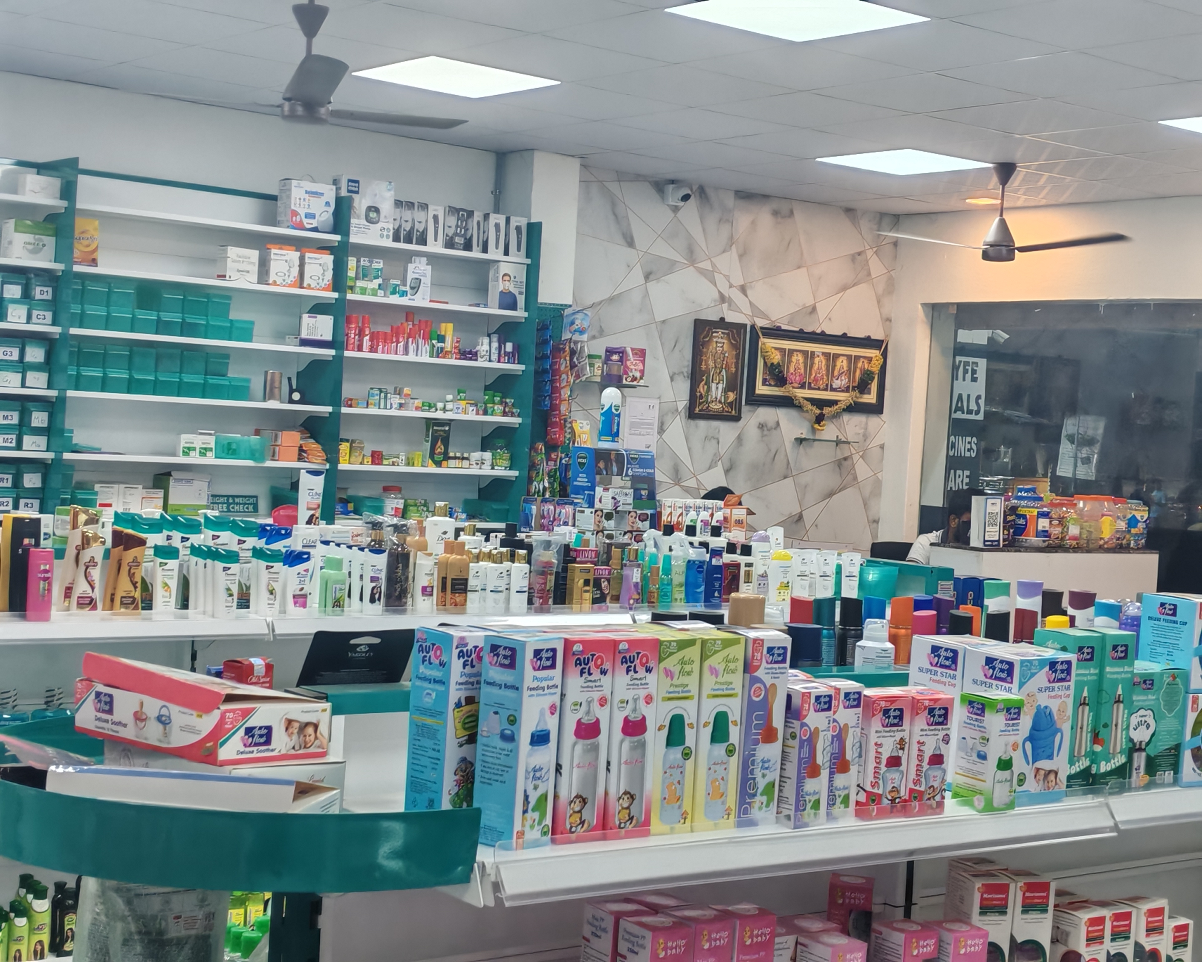 Medicine shelves and dispensing counter